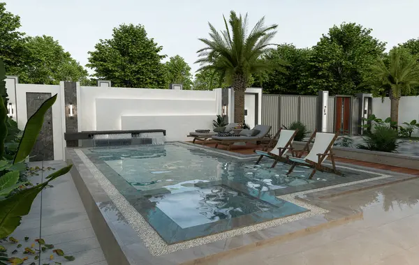 3D Rending Modern ev dış yüzme havuzu ve park alanı.