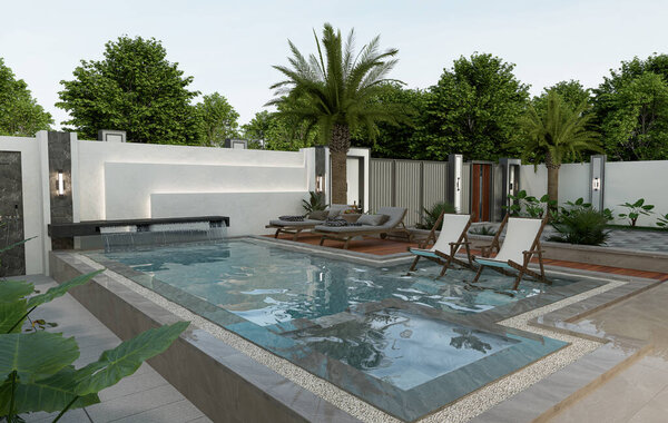 Современный внешний вид дома с бассейном и парковочным местом.