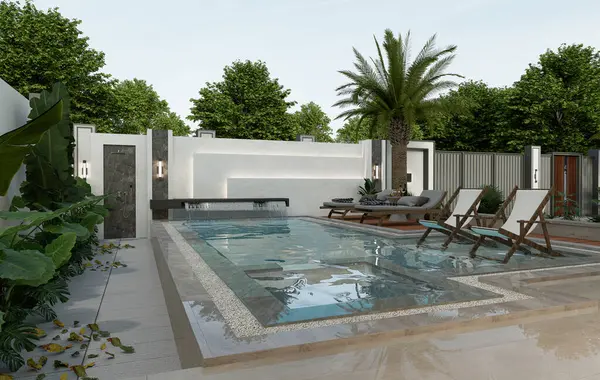 3D Rending Modern ev dış yüzme havuzu ve park alanı.