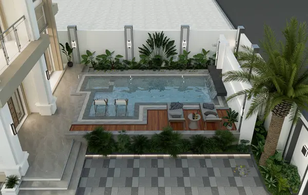 3D Rending Modern ev dış yüzme havuzu ve park alanı.