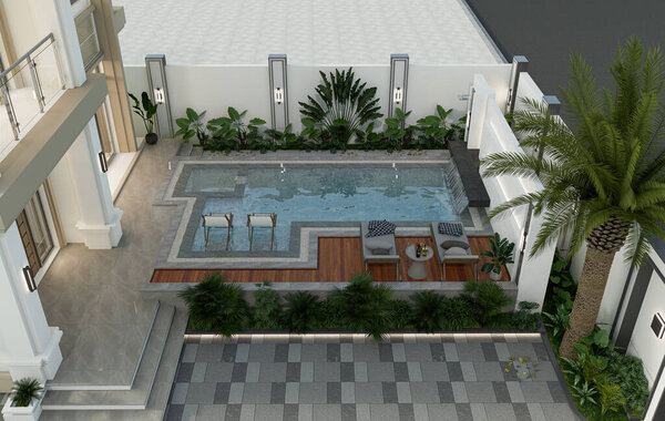 Современный внешний вид дома с бассейном и парковочным местом.