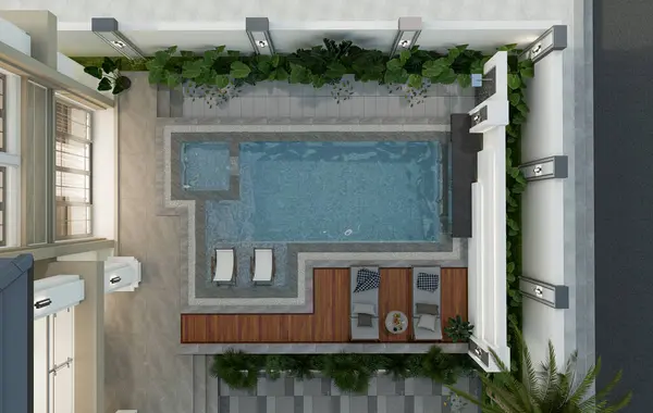 3D Rending Modern ev dış yüzme havuzu ve park alanı.