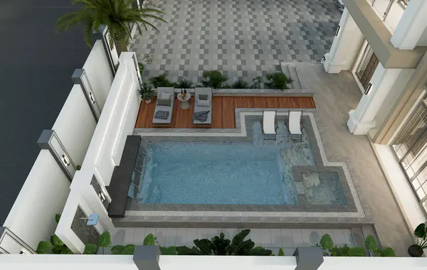 3D Rending Modern ev dış yüzme havuzu ve park alanı.