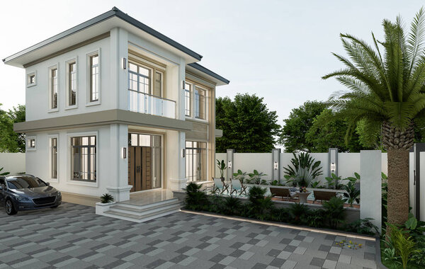 Современный внешний вид дома с бассейном и парковочным местом.