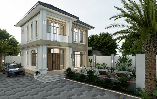 Современный внешний вид дома с бассейном и парковочным местом.