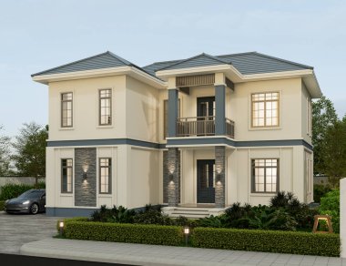 3D illüstrasyon, mimari, modern tarz iki katlı ev, beyaz, gri çatı, garaj ve doğal manzara arkaplanı..