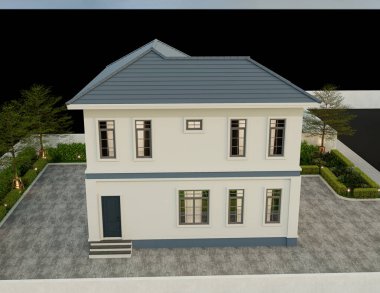 3D illüstrasyon, mimari, modern tarz iki katlı ev, beyaz, gri çatı, garaj ve doğal manzara arkaplanı..