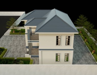 3D illüstrasyon, mimari, modern tarz iki katlı ev, beyaz, gri çatı, garaj ve doğal manzara arkaplanı..