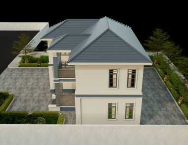 3D illüstrasyon, mimari, modern tarz iki katlı ev, beyaz, gri çatı, garaj ve doğal manzara arkaplanı..