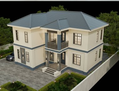 3D illüstrasyon, mimari, modern tarz iki katlı ev, beyaz, gri çatı, garaj ve doğal manzara arkaplanı..