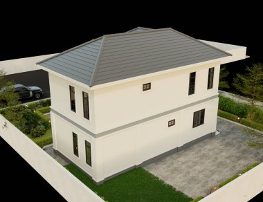 3D illüstrasyon, mimari, modern tarz iki katlı ev, beyaz, gri çatı, garaj ve doğal manzara arkaplanı..