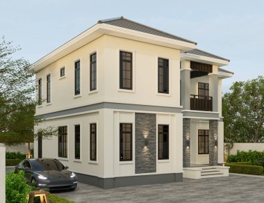 3D illüstrasyon, mimari, modern tarz iki katlı ev, beyaz, gri çatı, garaj ve doğal manzara arkaplanı..