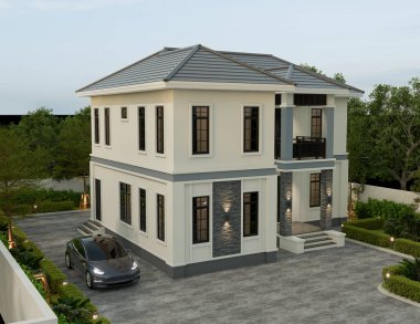 3D illüstrasyon, mimari, modern tarz iki katlı ev, beyaz, gri çatı, garaj ve doğal manzara arkaplanı..