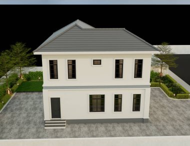 3D illüstrasyon, mimari, modern tarz iki katlı ev, beyaz, gri çatı, garaj ve doğal manzara arkaplanı..