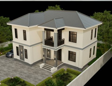 3D illüstrasyon, mimari, modern tarz iki katlı ev, beyaz, gri çatı, garaj ve doğal manzara arkaplanı..