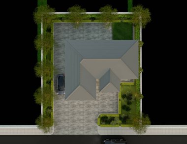 3D illüstrasyon, mimari, modern tarz iki katlı ev, beyaz, gri çatı, garaj ve doğal manzara arkaplanı..