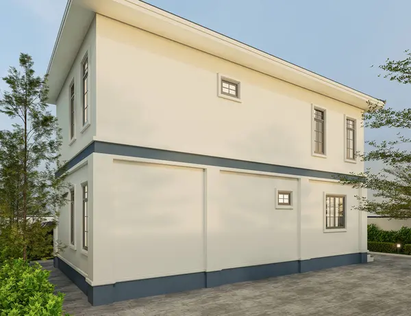 3D illüstrasyon, mimari, modern tarz iki katlı ev, beyaz, gri çatı, garaj ve doğal manzara arkaplanı..