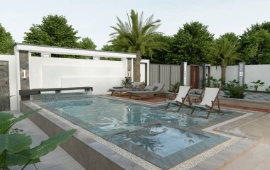 Yüzme havuzlu ve biyo-imlatik pergolu üç boyutlu bir ev tasviri. Palmiye ağaçları ve girdaplı villanın ön manzarası.