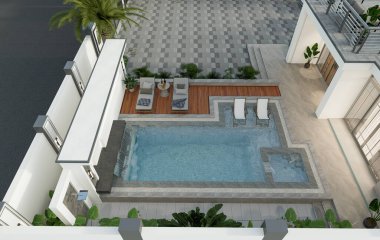 Yüzme havuzlu ve biyo-imlatik pergolu üç boyutlu bir ev tasviri. Palmiye ağaçları ve girdaplı villanın ön manzarası.