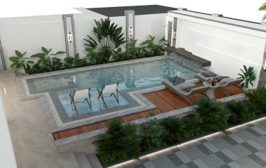 Yüzme havuzlu ve biyo-imlatik pergolu üç boyutlu bir ev tasviri. Palmiye ağaçları ve girdaplı villanın ön manzarası.