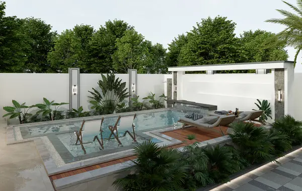 Yüzme havuzlu ve biyo-imlatik pergolu üç boyutlu bir ev tasviri. Palmiye ağaçları ve girdaplı villanın ön manzarası.