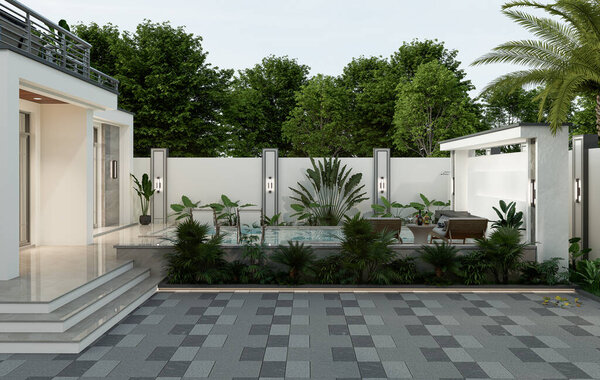 3D иллюстрация дома с бассейном и биоцимлятической беседкой. Вид спереди на виллу с пальмами и вихрем.