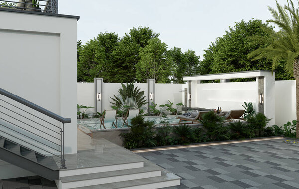 3D иллюстрация дома с бассейном и биоцимлятической беседкой. Вид спереди на виллу с пальмами и вихрем.