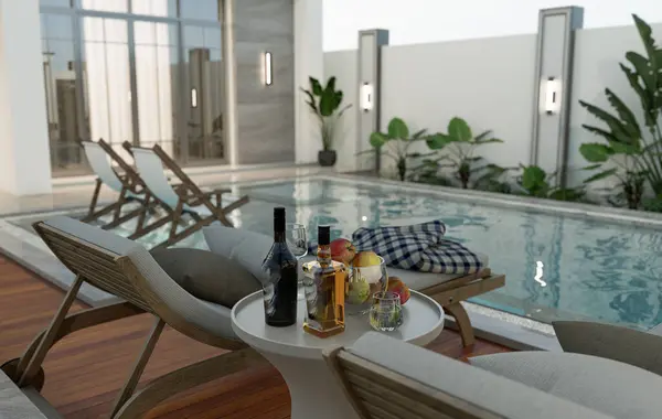 Yüzme havuzlu ve biyo-imlatik pergolu üç boyutlu bir ev tasviri. Palmiye ağaçları ve girdaplı villanın ön manzarası.