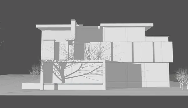 Ev binası taslak mimarisi. Gri arkaplanı olan 3D çizim..