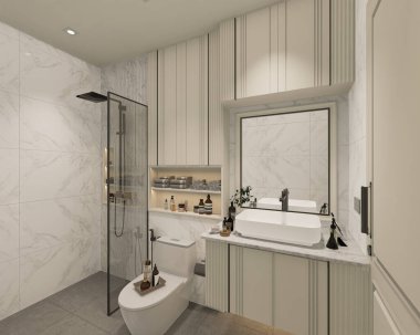 3D tasarım modern banyo tam sahne iç tasarım.