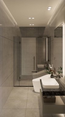 3D tasarım modern banyo tam sahne iç tasarım.