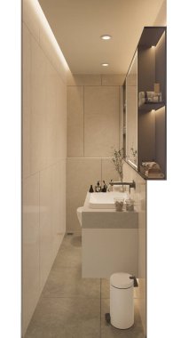3D tasarım modern banyo tam sahne iç tasarım.