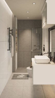 3D tasarım modern banyo tam sahne iç tasarım.