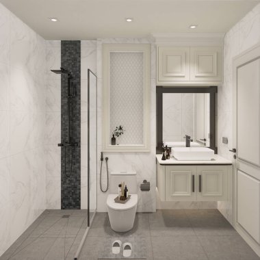 3D tasarım modern banyo tam sahne iç tasarım.