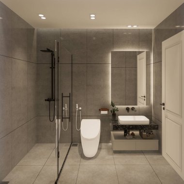3D tasarım modern banyo tam sahne iç tasarım.