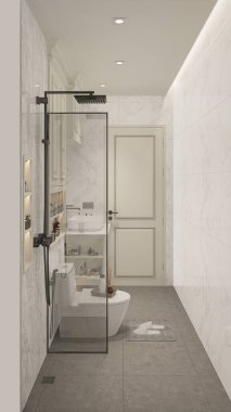 3D tasarım modern banyo tam sahne iç tasarım.