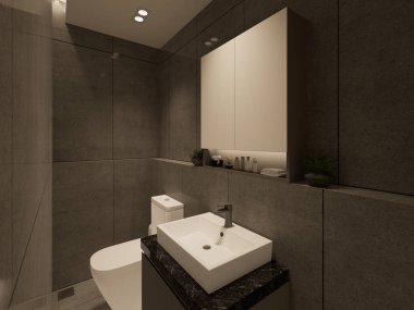 3D tasarım modern banyo tam sahne iç tasarım.