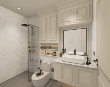 3D tasarım modern banyo tam sahne iç tasarım.