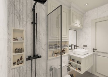 3D tasarım modern banyo tam sahne iç tasarım.