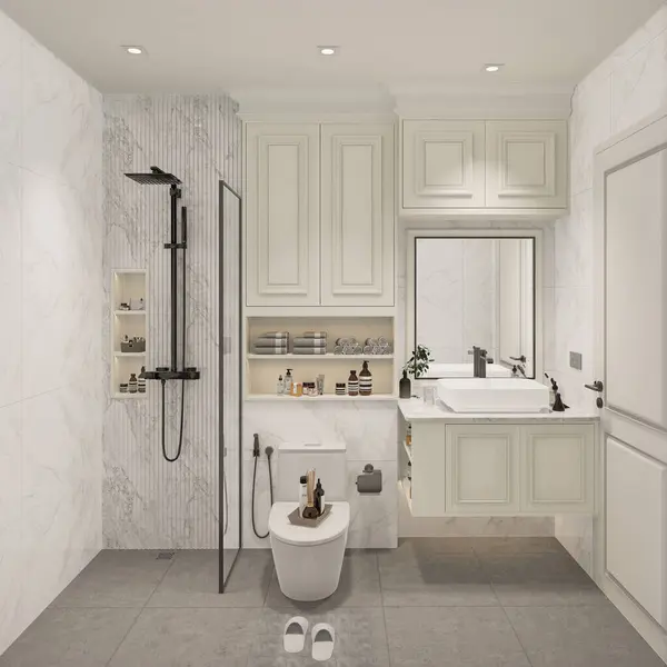 3D tasarım modern banyo tam sahne iç tasarım.