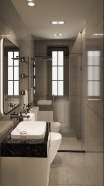 3D tasarım modern banyo tam sahne iç tasarım.