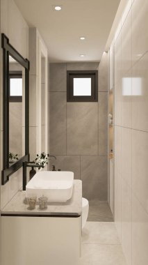 3D tasarım modern banyo tam sahne iç tasarım.
