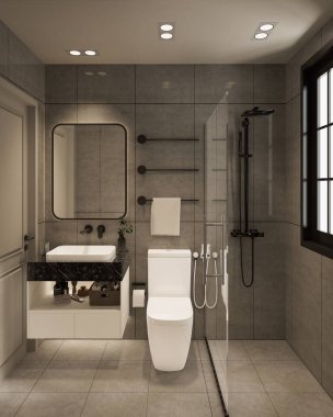 3D tasarım modern banyo tam sahne iç tasarım.