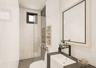 3D tasarım modern banyo tam sahne iç tasarım.