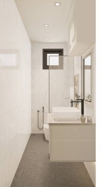 3D tasarım modern banyo tam sahne iç tasarım.