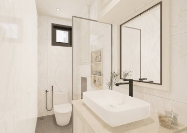 3D tasarım modern banyo tam sahne iç tasarım.