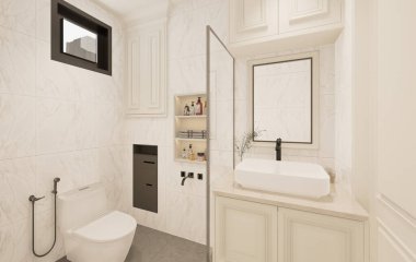 3D tasarım modern banyo tam sahne iç tasarım.