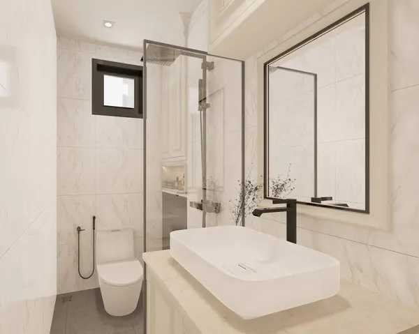 3D tasarım modern banyo tam sahne iç tasarım.