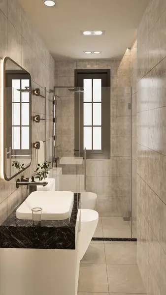 3D tasarım modern banyo tam sahne iç tasarım.