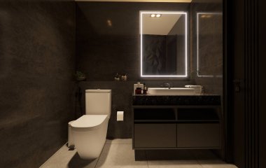 Aynalı lavaboları olan koyu gri bir banyo. Modern mermer banyonun minimalist tasarımı. 3D görüntüleme, insan yok..